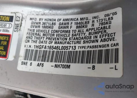 2006 Honda Civic Lx from USA, damaged, VIN 1HGFA16546L005713